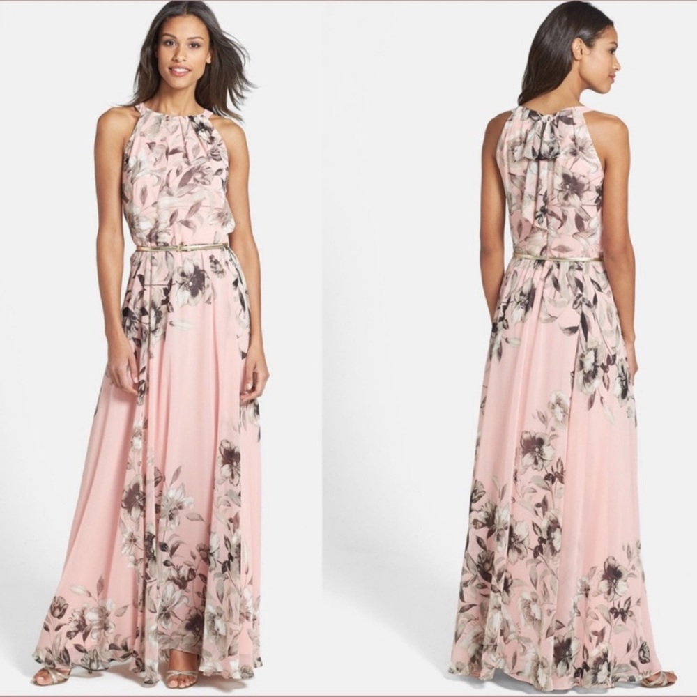 NEW $158 Eliza J Belted Chiffon Halter Maxi Dress Size 2